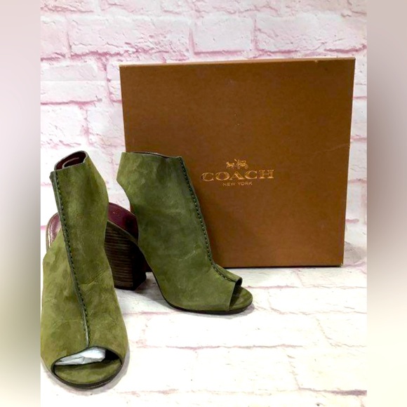 Coach Saratoga Nubuck Vegan Leather Olive Chestnut Peep Toe Size 10M IOB - Picture 1 of 6